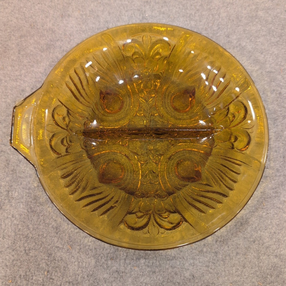 Vintage Amber Glass Divided Relish Dish Peacock Eye Pattern Tab Handle Serving - Picture 2 of 8